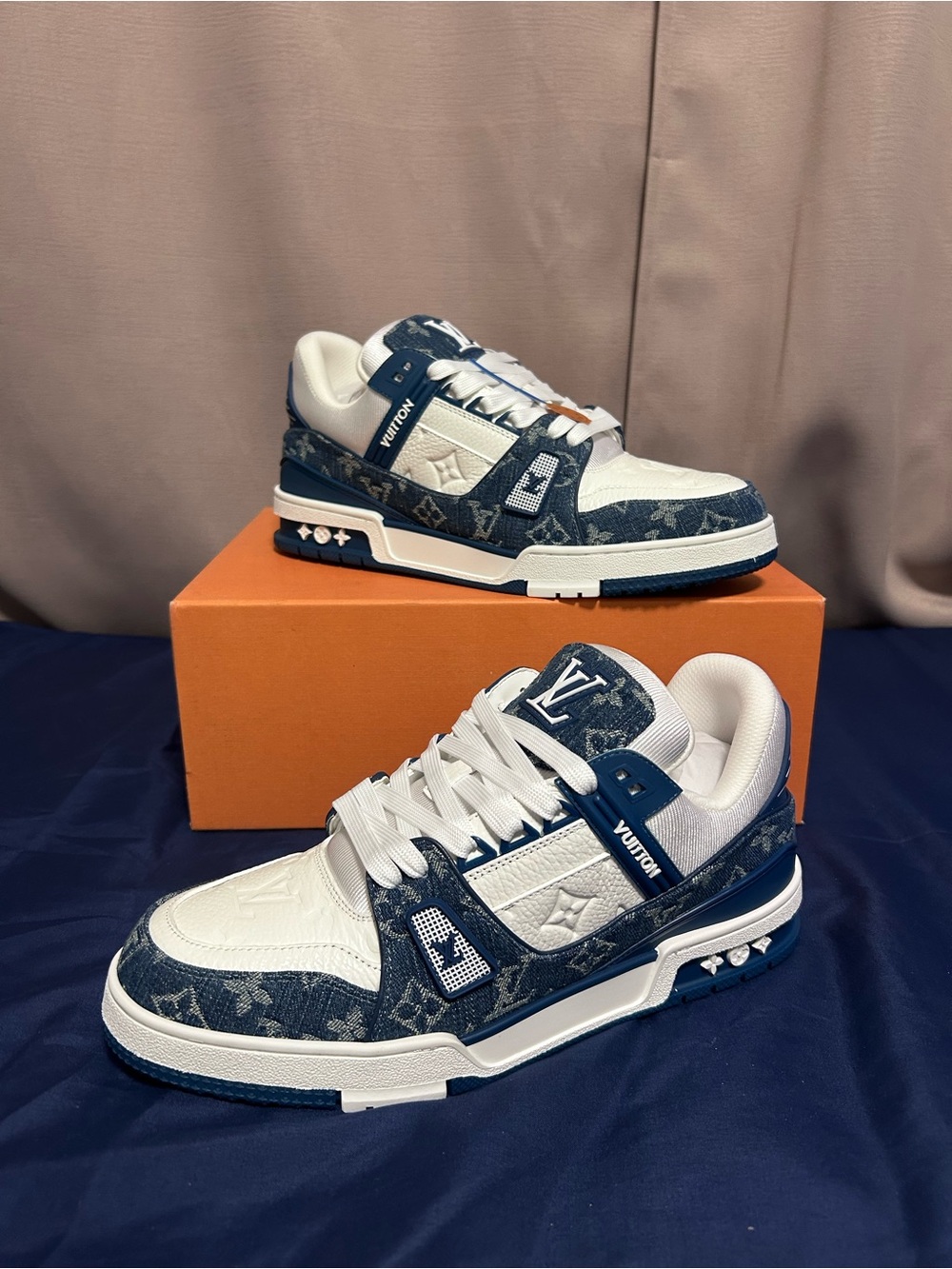Louis Vuitton White & Denim Monogram Low-Top Sneakers